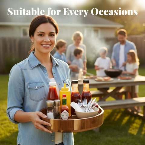12 inch acacia wood lazy susan wooden turntable organizer in use, holding condiments outdoors for gathering.