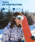 Person wearing Lagopus Ski Snowboard Goggles UV Protection Anti Fog For Men Women Youth, holding snowboard in snowy landscape