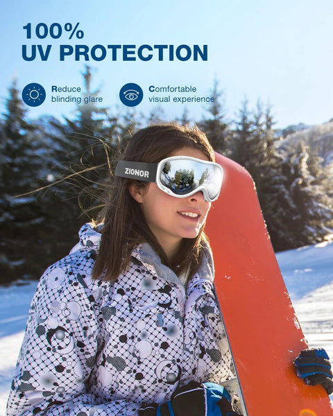 Person wearing Lagopus Ski Snowboard Goggles UV Protection Anti Fog For Men Women Youth, holding snowboard in snowy landscape