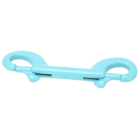 Blue plastic double-ended snap hook with spring-loaded gates for keychains.