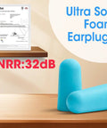 Ultra soft foam earplugs with NRR 32dB certificate, showcased in lake blue color on a wooden shelf background.