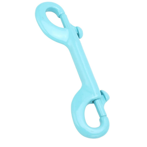 Side view of lake-blue double-ended snap hook with spring-loaded gates