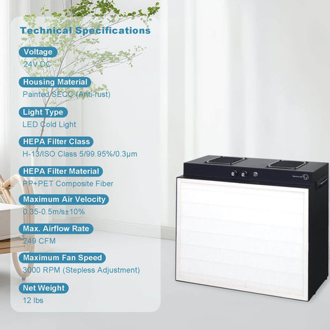 Laminar Flow Hood With H13 HEPA Filter 20 By 15 Inches FFU Class 100 ISO 5 Clean Bench highlighted specs and features