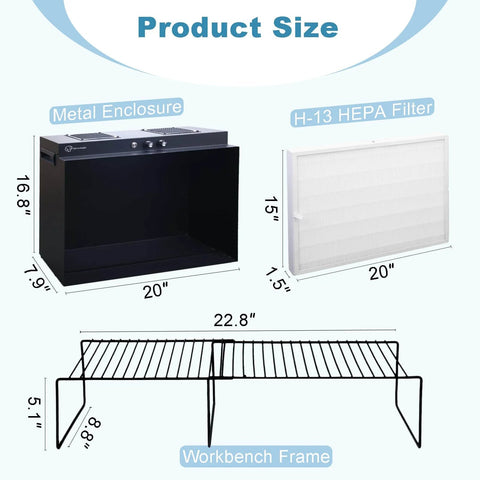 Diagram showing Laminar Flow Hood with H13 HEPA Filter 20 by 15 inches FFU Class 100 ISO 5 clean bench components and dimensions.