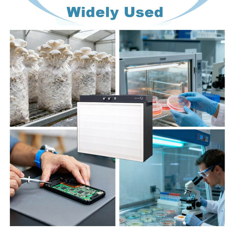 Collage of Laminar Flow Hood With H13 HEPA Filter 20 By 15 Inches FFU Class 100 ISO 5 Clean Bench, mycology, lab use.
