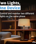 Living room with smart lamp, bookcase in background, text overlay 'Two Lights, One Device.'"