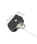 Two Pack Lamp Pull Cord Switch Replacement Rope shown with dimensions for wall lamps and ceiling lights, CE certified.
