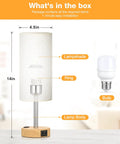 Bedside Table Lamp With 3 Way Dimmable Touch Control, USB C Charging Ports And AC Outlet, wood base, and LED bulb shown in parts