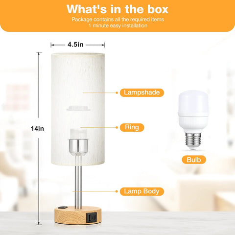 Bedside Table Lamp With 3 Way Dimmable Touch Control, USB C Charging Ports And AC Outlet, wood base, and LED bulb shown in parts
