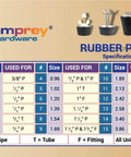 Chart showing rubber plug sizes and specifications for different pipe and tubing uses by Lamprey Hardware.