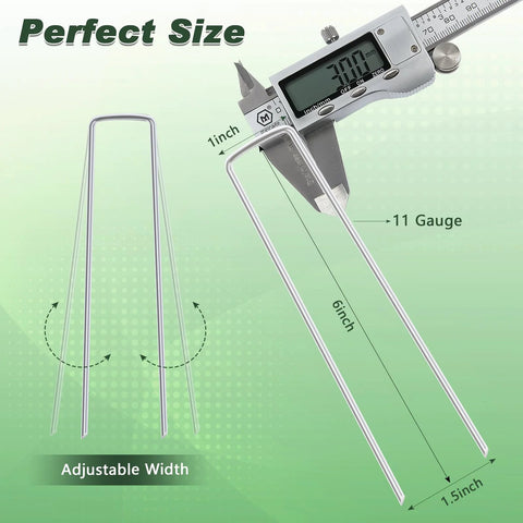 Diagram of Heavy Duty Galvanized Landscape Staples 6 Inch 25 Pack 11 Gauge showing adjustable width and dimensions with a caliper.