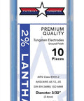 Packaging of Three Thirty Second Inch By Seven Inch Two Percent Lanthanated TIG Welding Tungsten Electrodes For AC and DC Ten Pack
