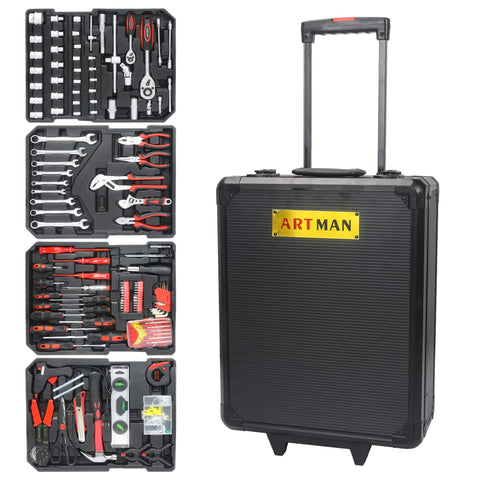 Large Capacity Repair Toolkit Set With Rolling Case For Emergency Car Repairs, Water, Electrical, And Woodworking Fixes, Black