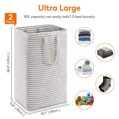 Two Pack Large Collapsible Laundry Hampers 80L Each Freestanding Waterproof Interior Foldable Laundry Baskets With Easy Carry Handles