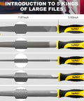 19-Piece Metal And Wood File Set With Tool Bag Including Flat Half-Round Round Triangle Steel Files shown on a chart