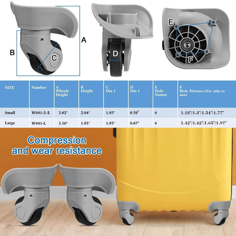 4 Pcs Large Gray Luggage Wheels Replacement Kit with Left and Right Swivel Casters Featuring Mute Bearings Stainless Steel and Plastic Construction Including Screws and Screwdriver for Suitcase Repair close-up of wheels dimensions and details