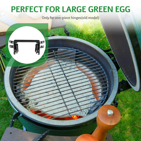 One Piece Hinge Band Replacement For Large Green Egg Grill with open lid showing grill interior and hinge detail