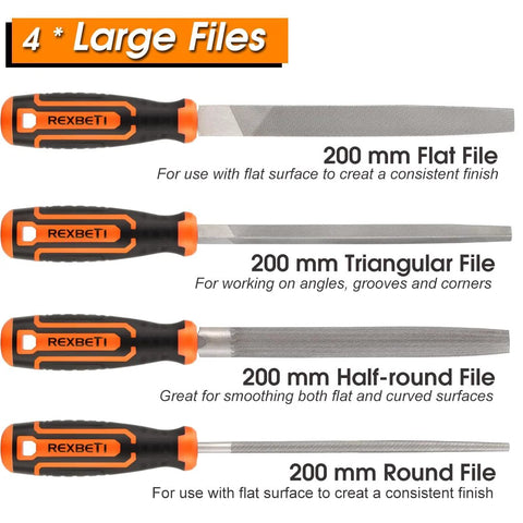 Four large files from the Twenty Five Piece Metal File Set With T12 Drop Forged Alloy Steel For Woodworking Metalworking And Plastic