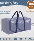 Six Pack Extra Heavy Duty Large Moving Bags With Strong Zipper And Comfortable Handles, 23 Gallon Capacity, 29 Inch Long By 14 Inch Wide By 13 Inch High, Reinforced Stitching, Coated PE Fabric, Durable Clothes Storage Totes For Moving And College, shown from front with fully wrapped handles