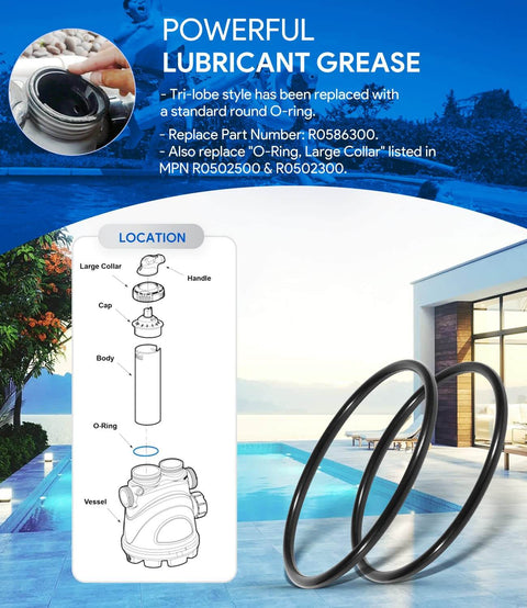 2 Pack Large Viton Collar O Rings Replacement For Nature2 Fusion Soft Inground Vision Above Ground Vision Pro Above Ground Pool Spa Systems Compatible With FSOFT700 FSOFT1400 Back Up Valve And More Premium Durable Seal Kit, two O-rings by a pool with diagram showing installation location