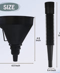 Set Of 5 Plastic Oil Funnels With Long Hose For Automotive Fluid Transfers, large funnel with measurements shown