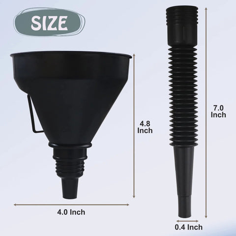 Set Of 5 Plastic Oil Funnels With Long Hose For Automotive Fluid Transfers, large funnel with measurements shown