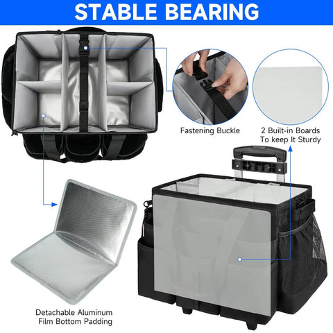 Pro Grade Large Rolling Cleaning Caddy Bag With Detachable Trolley And Shoulder Strap, features top view of adjustable dividers