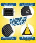 Extra Large Wheel Chock With Handle For Trucks, Trailers, And RVs, Heavy Duty Molded Rubber Safety Block, featuring anti-slip design and eye bolt for security.