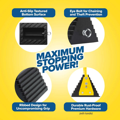 Extra Large Wheel Chock With Handle For Trucks, Trailers, And RVs, Heavy Duty Molded Rubber Safety Block, featuring anti-slip design and eye bolt for security.