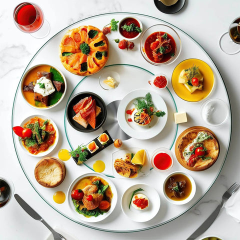 31 inch tempered glass lazy susan turntable with extra large size, silent rotating serving tray arranged with diverse dishes.