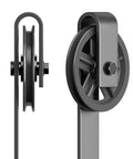 2 Pack Barn Door Roller Kit With Large Wheel Hangers Easy To Install For Thick Door Tracks Fits Door Thickness 1 3 8 To 1 3 4 Inches Black Finish Carbon Steel Body POM Wheel Supports Up To 260 Lb Weight Capacity showing front and side view of large wheel hangers.
