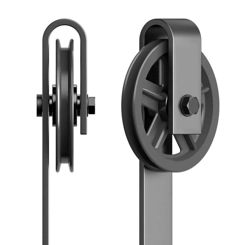 2 Pack Barn Door Roller Kit With Large Wheel Hangers Easy To Install For Thick Door Tracks Fits Door Thickness 1 3 8 To 1 3 4 Inches Black Finish Carbon Steel Body POM Wheel Supports Up To 260 Lb Weight Capacity showing front and side view of large wheel hangers.