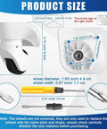 4 Pcs Large White Luggage Wheels Replacement Kit with Left and Right Swivel Casters Featuring Mute Bearings dimensions and tools.