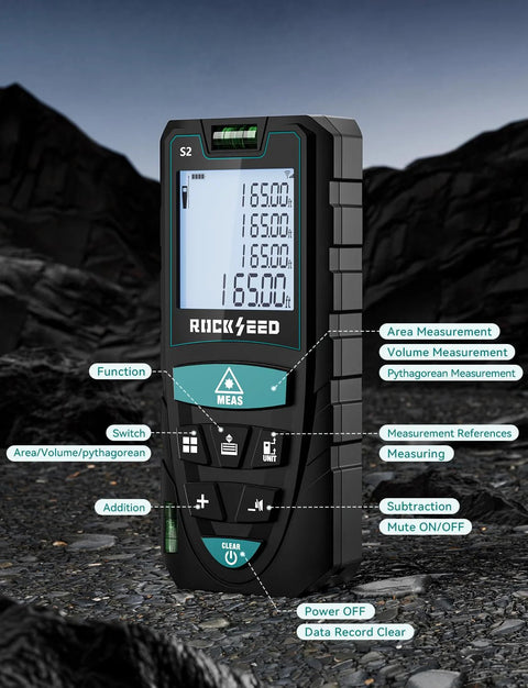 Accurately measure distances, areas, and volumes with a compact laser distance meter featuring dual bubble levels, backlit LCD.