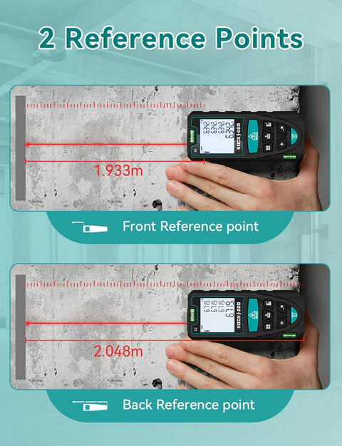 Accurately measure distances, areas, and volumes with a compact laser distance meter featuring dual bubble levels and backlit LCD.