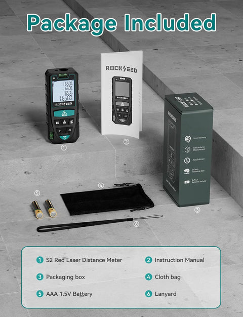 Accurately measure distances, areas, and volumes with a compact laser distance meter featuring dual bubble levels, backlit LCD, and easy M/in/ft unit switching shown with accessories including batteries, cloth bag, and packaging.