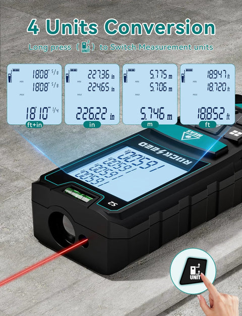 Accurately measure distances, areas, and volumes with a compact laser distance meter featuring dual bubble levels, backlit LCD, and easy M/in/ft unit switching for fast, reliable calculations on rooms, warehouses, and job sites.
