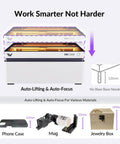 Vision 20W Laser Engraver Machine With AirGurad Pro Fume Extractor showing auto-lift and focus for phone cases, mugs, and jewelry boxes