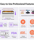 Graphic showing features of Vision 20W Laser Engraver Machine With AirGurad Pro Fume Extractor. Includes icons and highlights.