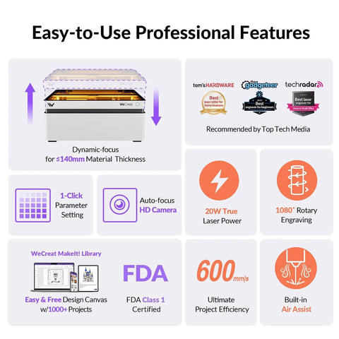Graphic showing features of Vision 20W Laser Engraver Machine With AirGurad Pro Fume Extractor. Includes icons and highlights.