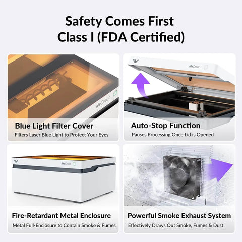 Vision 20W Laser Engraver Machine With AirGurad Pro Fume Extractor safety features including blue light filter and smoke system