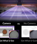 Vision 20W Laser Engraver Machine With AirGuard Pro demonstrating camera accuracy vs standard view with designs on display