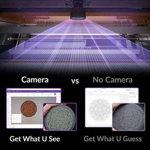 Vision 20W Laser Engraver Machine With AirGuard Pro demonstrating camera accuracy vs standard view with designs on display