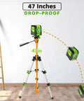 Laser Level, 100Ft Self Leveling Green Cross Line Laser for Picture Hanging, shown on tripod demonstrating drop-proof design