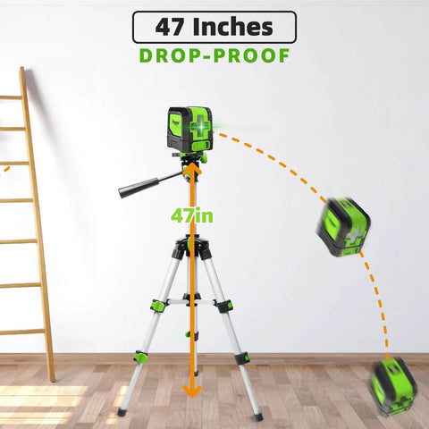 Laser Level, 100Ft Self Leveling Green Cross Line Laser for Picture Hanging, shown on tripod demonstrating drop-proof design