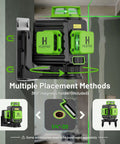 Laser Level 360 Self Leveling With Rechargeable Battery 3x360 Degree Green Laser displayed on wall with magnetic bracket