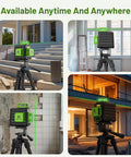 Laser Level 360 Self Leveling With Rechargeable Battery 3x360 Degree Green Laser For Construction And Picture Hanging 3D Layout On Walls Ceilings And Cabinets Magnetic Bracket Hard Case Kit in use on construction sites and interiors, showcasing multiple angles and applications.
