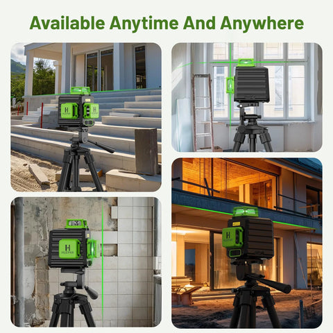 Laser Level 360 Self Leveling With Rechargeable Battery 3x360 Degree Green Laser For Construction And Picture Hanging 3D Layout On Walls Ceilings And Cabinets Magnetic Bracket Hard Case Kit in use on construction sites and interiors, showcasing multiple angles and applications.