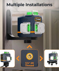 Laser Level Self Leveling 3x360 Degree Green Cross Line installed on wall with mounting bracket, showing multiple views and thread detail.