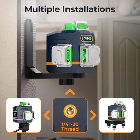 Laser Level Self Leveling 3x360 Degree Green Cross Line installed on wall with mounting bracket, showing multiple views and thread detail.